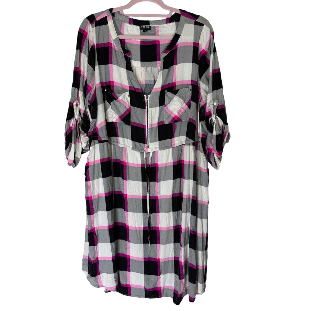 Torrid Hot Pink Black Plaid 3/4 Sleeves Quarter Zip Mini Shirt Dress Plus Size 2